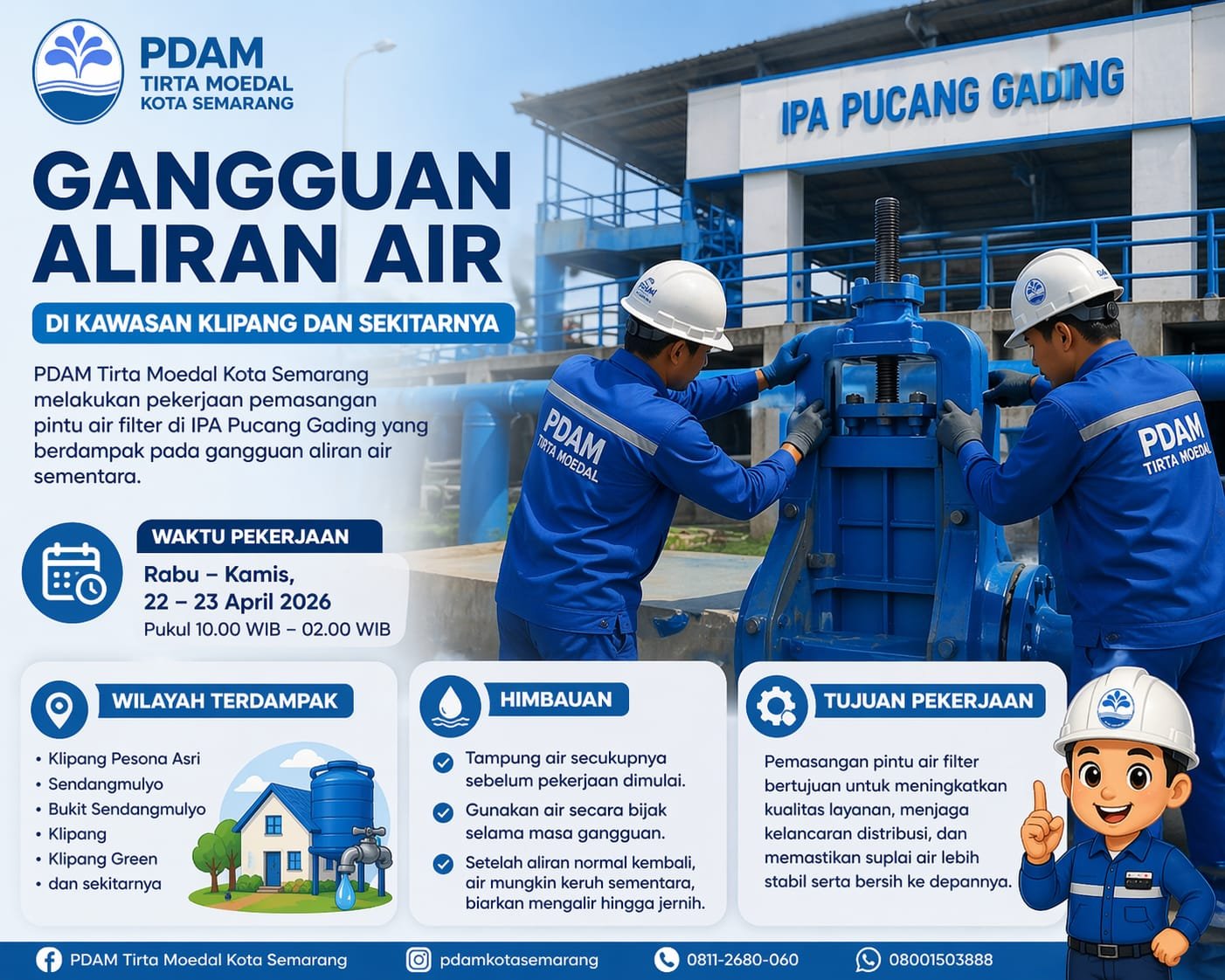 Pelayanan air bersih di wilayah Pengolahan Air Pucang Gading yang dijadwalkan berlangsung pada 22–23 April 2026. (dok PDAM Tirta Moedal)